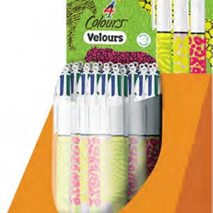 Bic 4 Colours Velours Expositor de 30 Boligrafos de Bola Retractiles - Punta Media de 1.0 mm - Tinta con Base de Aceite - Cuerpo con Relieve Suave al  1