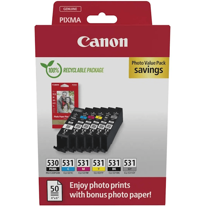 Canon PGI530/CLI531 Pack de 6 Cartuchos de Tinta Originales + 50 Hojas de Papel Fotografico 10x15cm - 6117C004 1