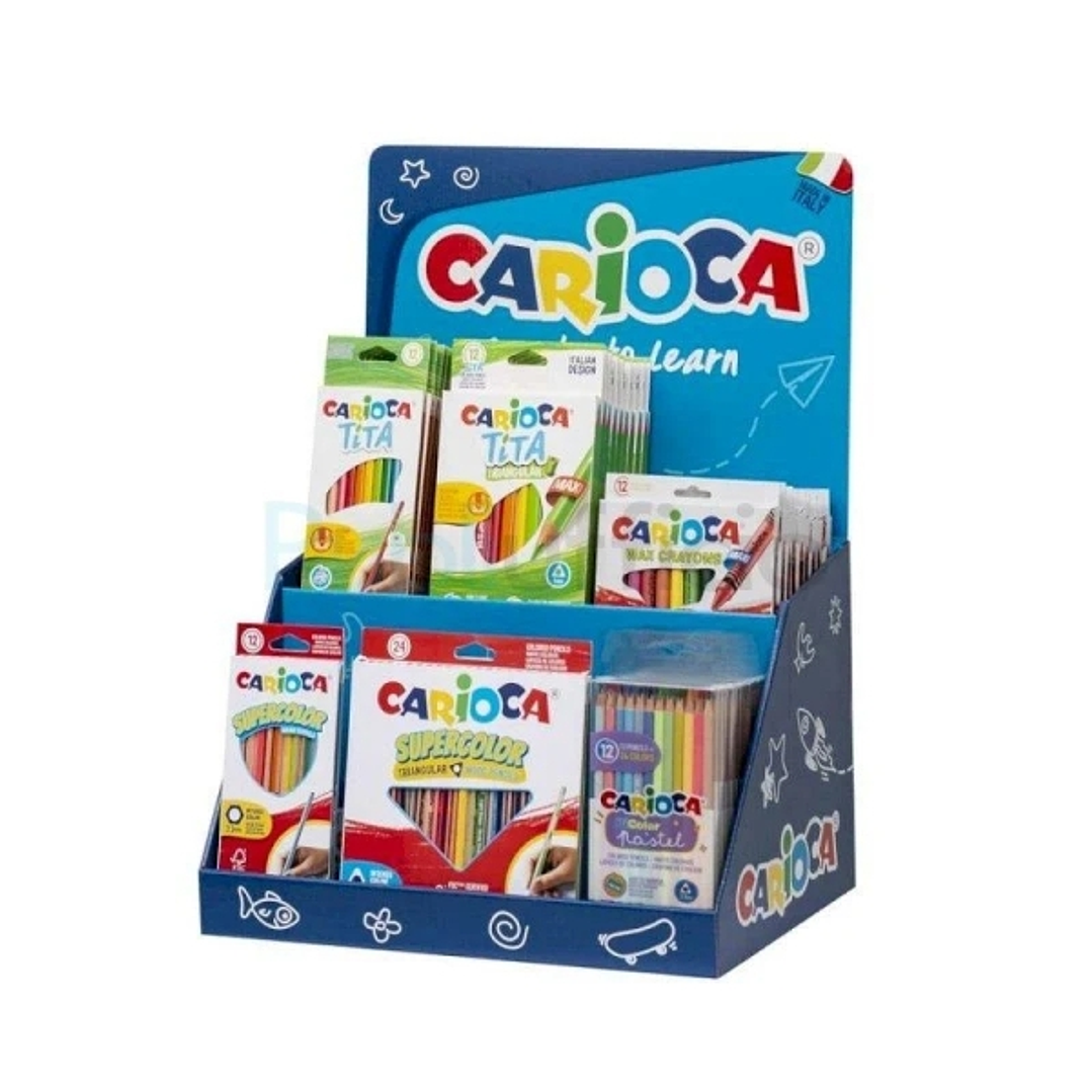 Carioca Expositor Lapices de Colores Incluye 12 Tita Box 12uds, 12 Tita Triangular Box 24uds, 4 Maxi Wax Crayons 24uds, 12 Pastel Bicolor Pencil Box 1 1