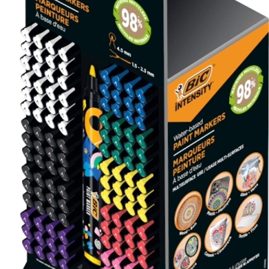 Bic Intensity Expositor de 120 Marcadores de Pintura - Punta Media - Tinta con Base de Agua - 98% de Materiales Reciclados - Colores Vivos Surtidos 1