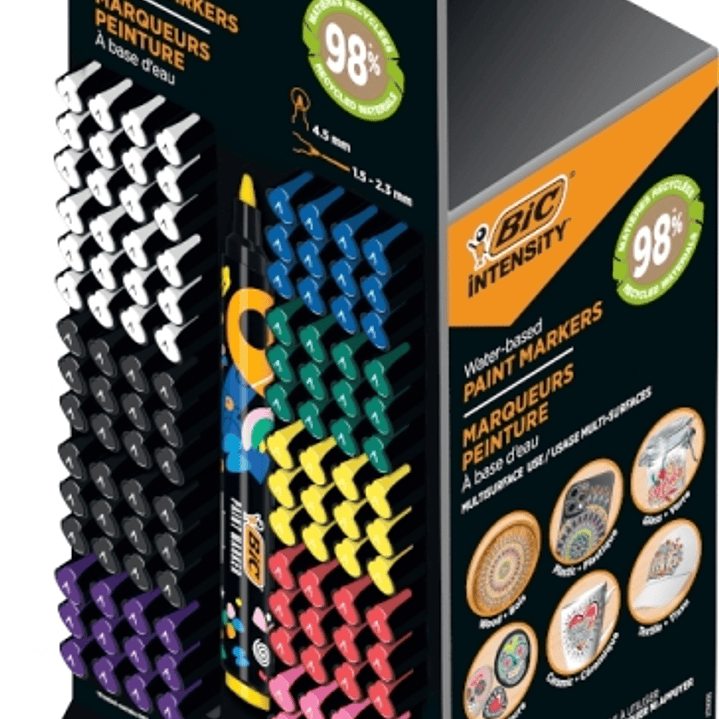 Bic Intensity Expositor de 120 Marcadores de Pintura - Punta Media - Tinta con Base de Agua - 98% de Materiales Reciclados - Colores Vivos Surtidos 1