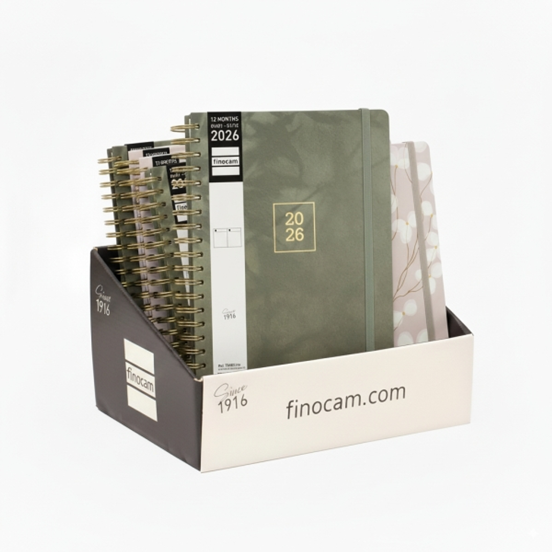 Finocam Optimal Expositor con 8 Agendas de Espiral Surtidas Internacional - Anual 2026 - Planificador - Cierre de Goma - Color Surtidos 1