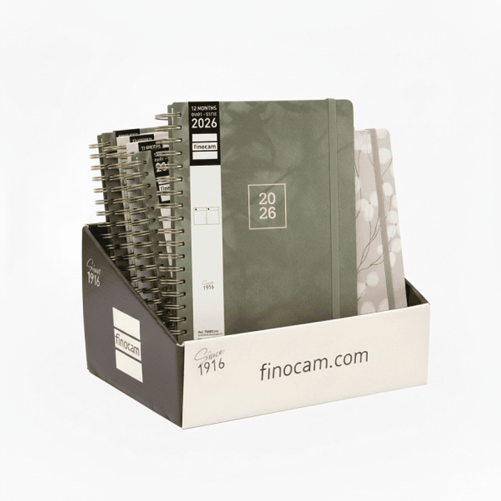 Finocam Optimal Expositor con 8 Agendas de Espiral Surtidas Internacional - Anual 2026 - Planificador - Cierre de Goma - Color Surtidos 1