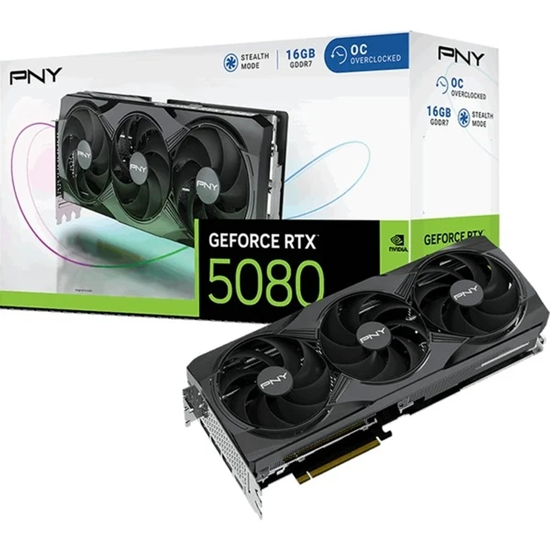 PNY GeForce RTX 5080 Tarjeta Grafica 16GB GDDR7 Overclocked Triple Fan Reflex 2 AI NVIDIA DLSS4 1