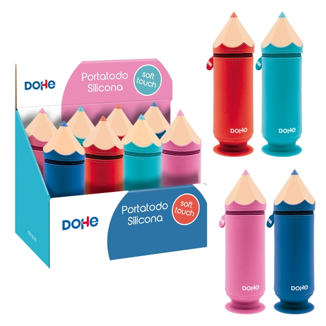 Dohe Lapiz Expositor con 8 Portatodos Simples de Silicona con Forma de Lapiz - Cierre con Cremallera y Tirador de Goma - Con Ventosa para Sujetarse en 1