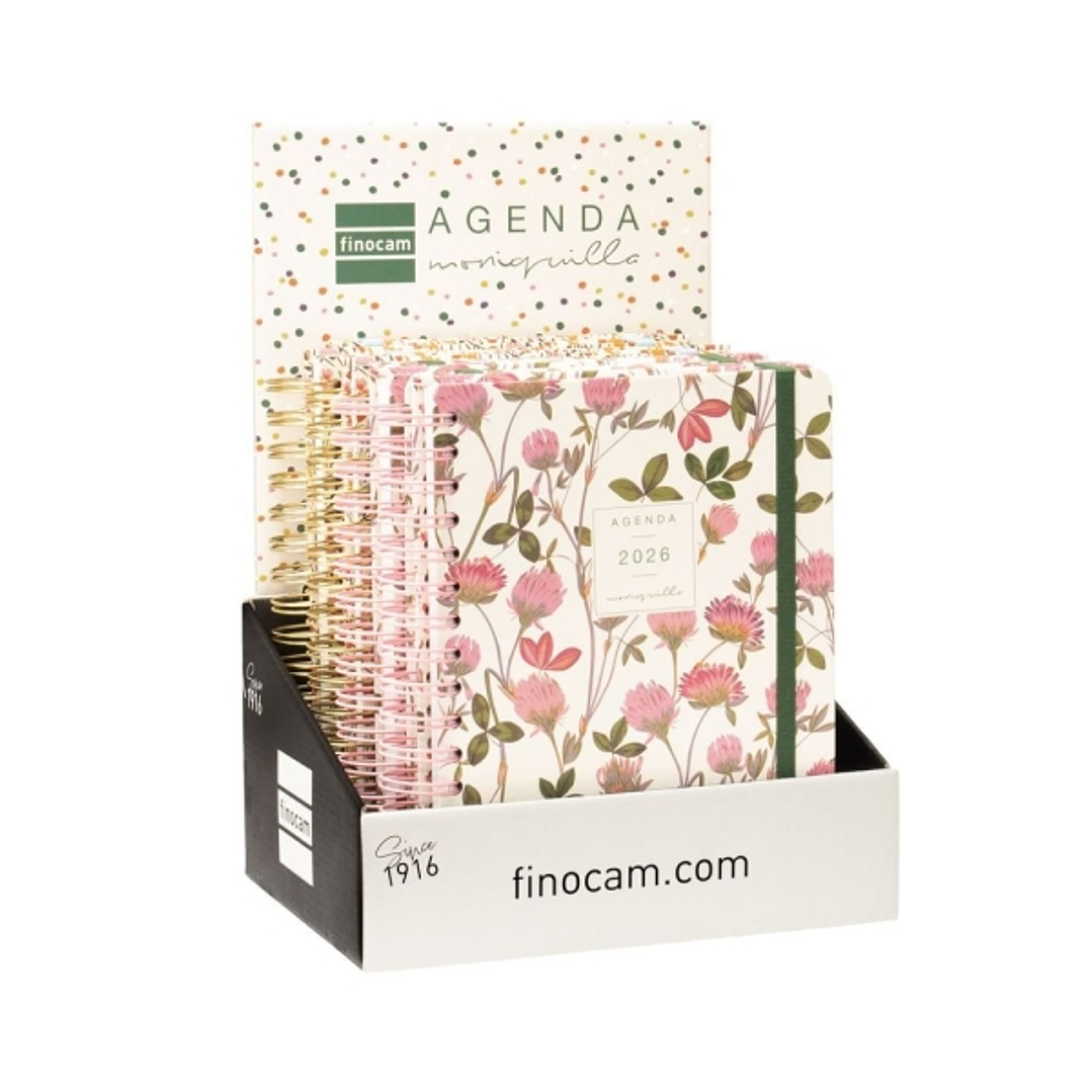 Finocam Moniquilla Expositor con 8 Agendas de Espiral Surtidas en Catalan - Anual 2026 - Planificador - Cierre de Goma - Formato E10 - Color Surtidos 1