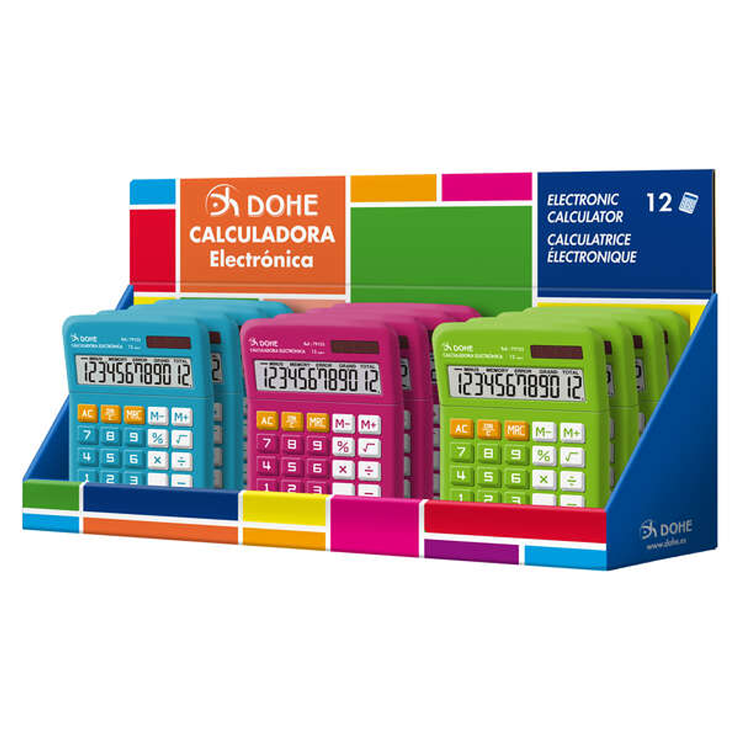 Dohe Expositor de 12 Calculadoras - Alimentacion Solar y a Pilas - 12 Digitos - Teclas de Memoria - Colores Surtidos 1