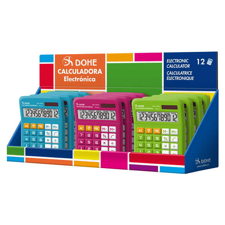 Dohe Expositor de 12 Calculadoras - Alimentacion Solar y a Pilas - 12 Digitos - Teclas de Memoria - Colores Surtidos 1