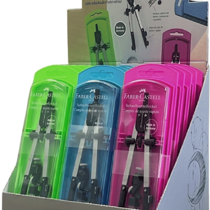Faber-Castell Expositor de 15 Compases de Ajuste con Tornillo Central - Articulaciones en ambos Brazos - Adaptador Universal - Bote con Minas 1