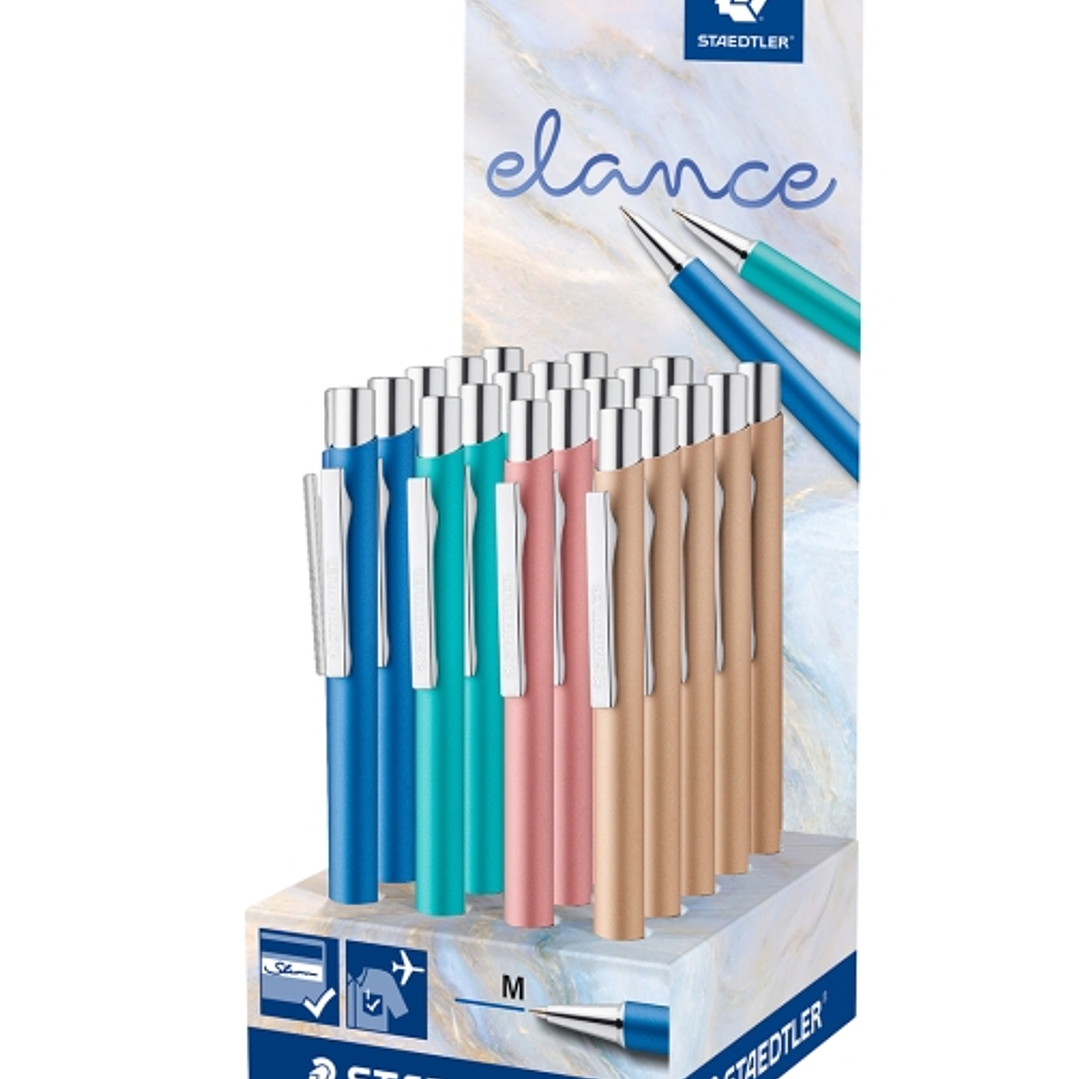 Staedtler Elance Expositor con 20 Boligrafos Retractiles - Tinta Azul - Ancho de Linea M - Colores Surtidos 1