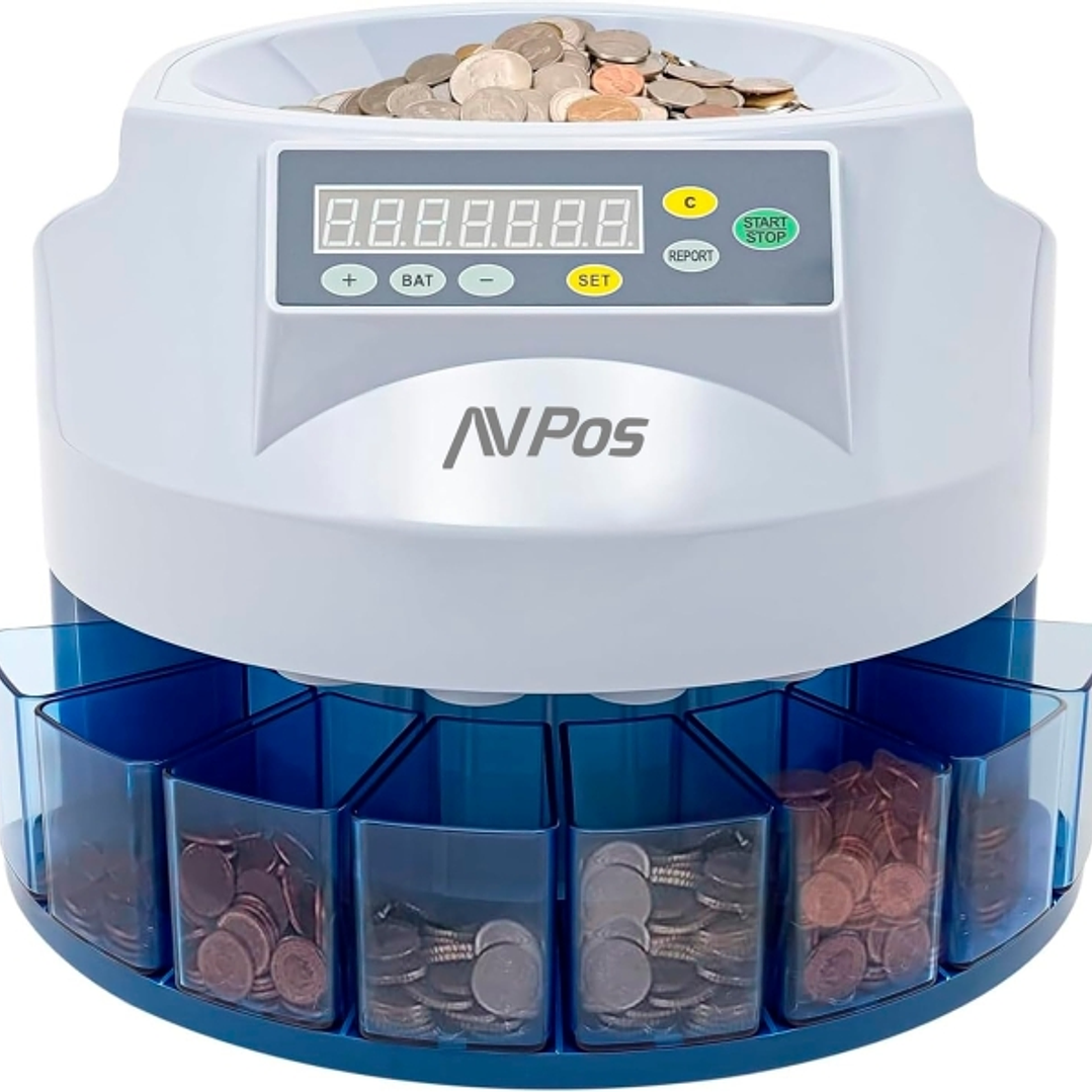 AVPos Contador/Clasificador de Monedas  CCM6 - Monedas Desde 1 Centimo Hasta 2 Euros - Color Blanco/Azul 1