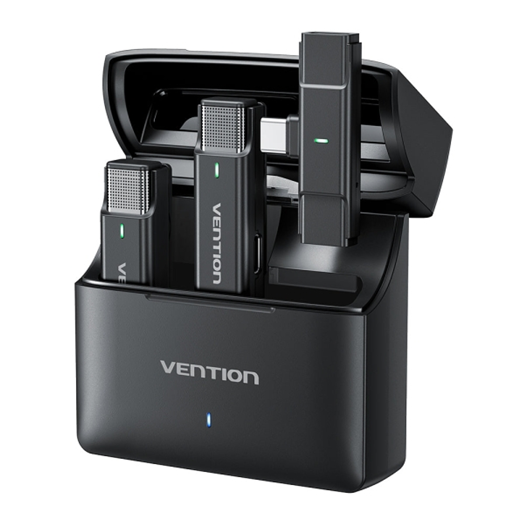 Vention Levalier Microfono Clip Inalambrico USB-C - Cancelacion de Ruido Avanzada - Bateria 30h - Rango 300m - Color Negro 1