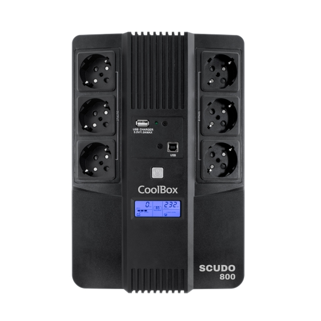 Coolbox Scudo3 SAI 800VA 480W - 6x Schukos - USB - 2x RJ45 - Proteccion Completa Frente a Picos de Tension y Cortes de Suministro - Pantalla LCD 1