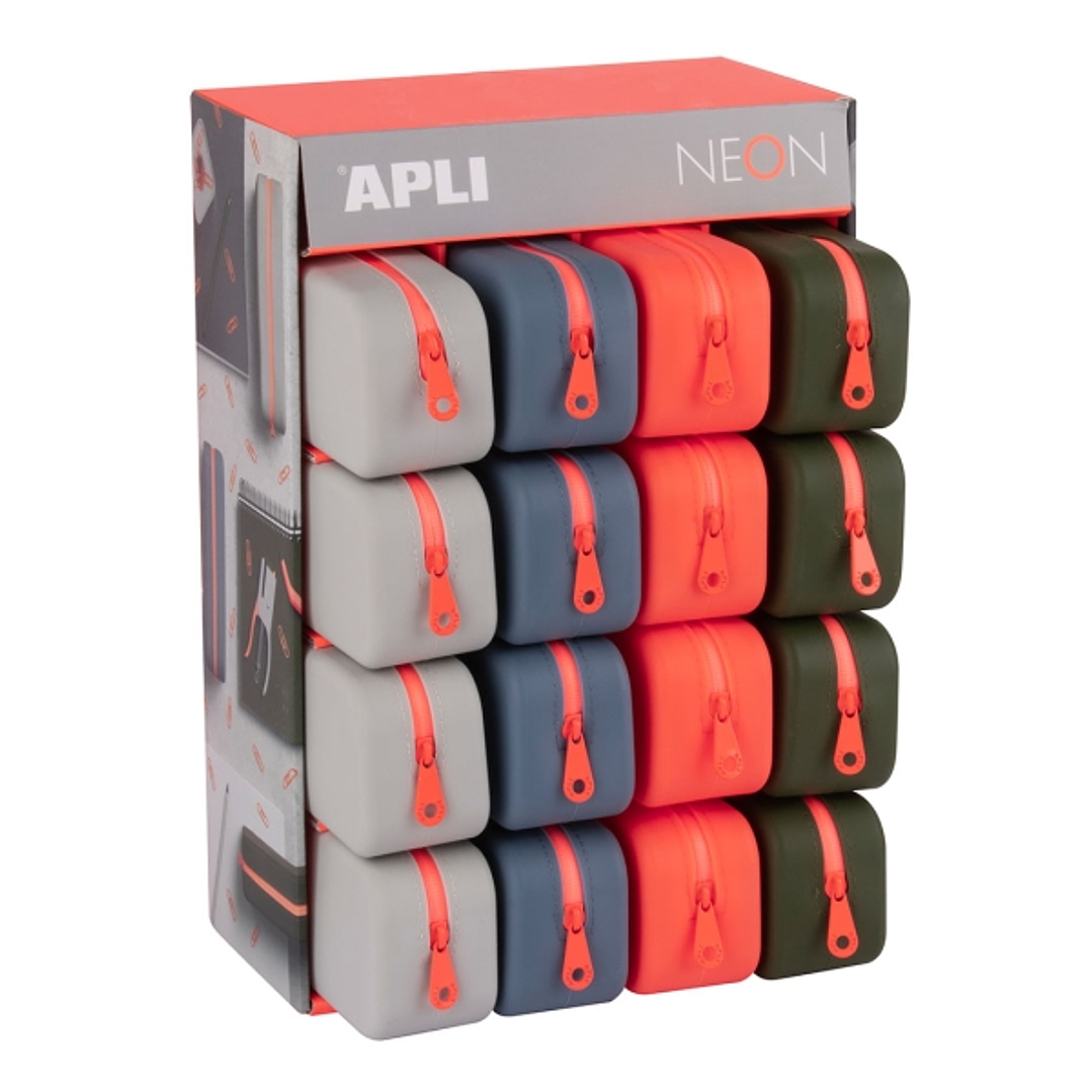 Apli Neon Expositor de 16 Estuches de Silicona Rectangular - Cremallera Repelente al Agua - Medidas 75x185x55mm - Colores Surtidos 1