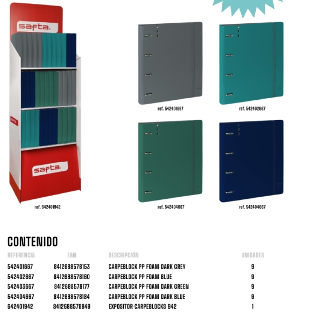 Safta Expositor con 36 Carpetas de 4 Anillas 35mm - Recambio 100 Hojas - Expositor de 3 Estantes - Material PP Foam - 400x380x1900mm - Colores Surtido 1
