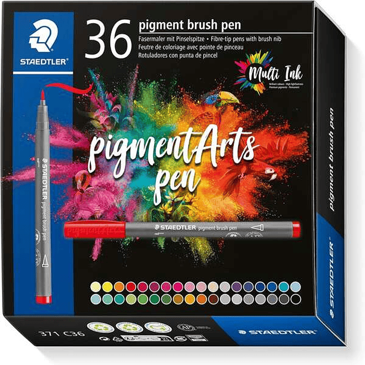 Staedtler 371 Pack de 36 Rotuladores Punta de Pincel Suave - Colores Vivos y Brillantes - No Amarillea con el Paso del Tiempo - Nueva Tinta Multi Ink  1