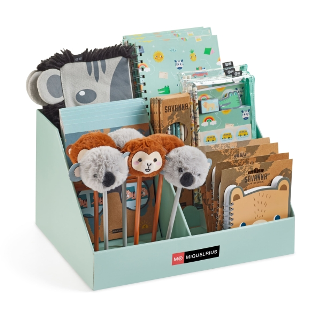 Miquel Rius Savanna Expositor Multiproducto con 29 Piezas Surtidas de Cuadernos, Portatodos, Lapices, Sets de Pegatinas y Boligrafos 1