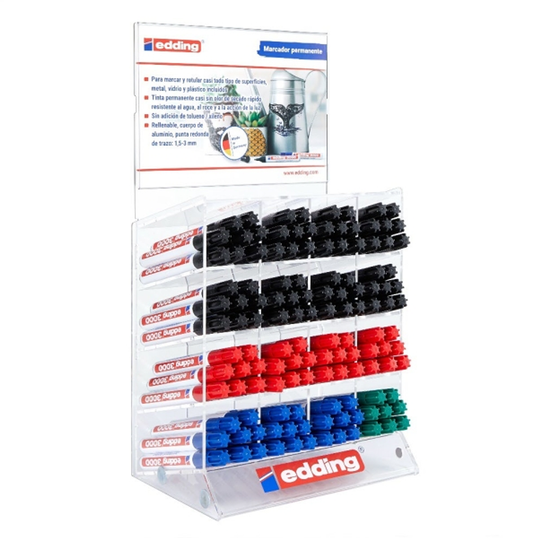 Edding 3000 Expositor con 128 Rotuladores Permanentes - Punta Redonda de 1.5mm - Trazo entre 1.5 y 3mm - Recargable - Secado Rapido - Colores Negro, A 1