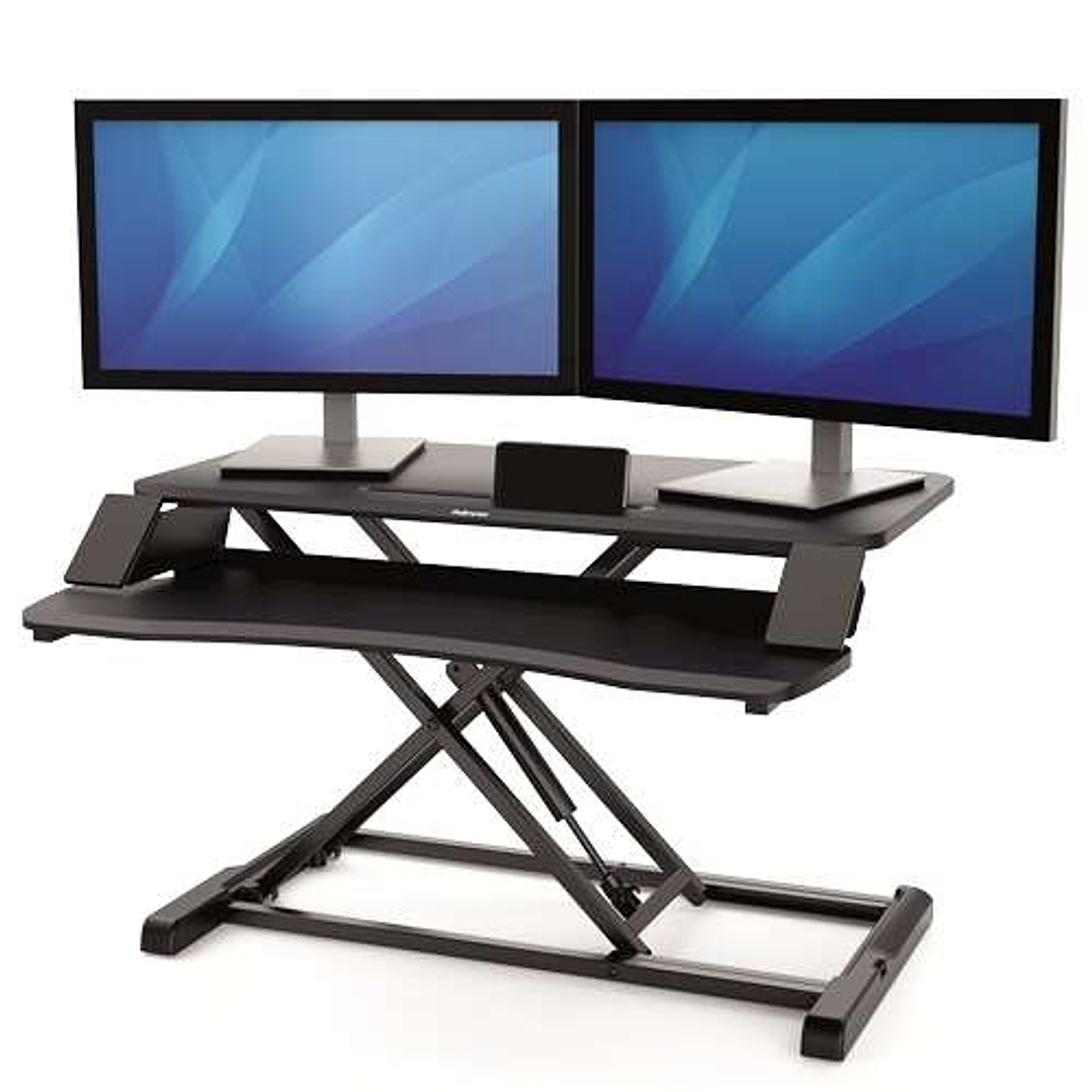 Fellowes Sit-Stand Corsivo Estación de Trabajo - Sistema de Muelle a Gas - Amplia Plataforma Superior - Plataforma Inferior para Raton y Teclado - Col 1