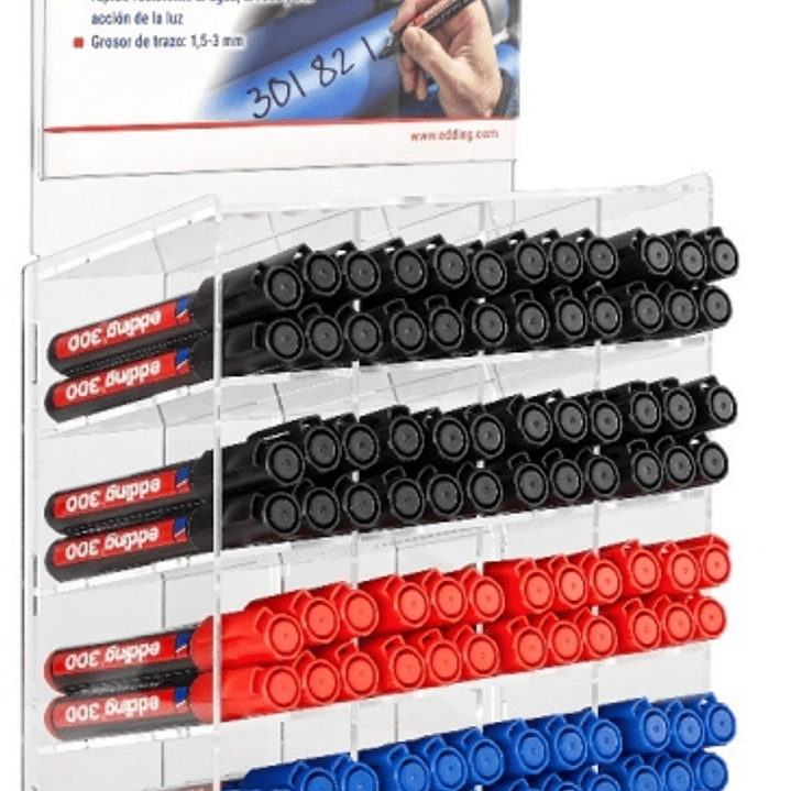 Edding 300 Expositor de 96 Rotuladores Permanentes - Punta Redonda - Trazo entre 1.5 y 3mm - Tinta Casi Inodora - Capuchon con Clip - Secado Rapido -  1