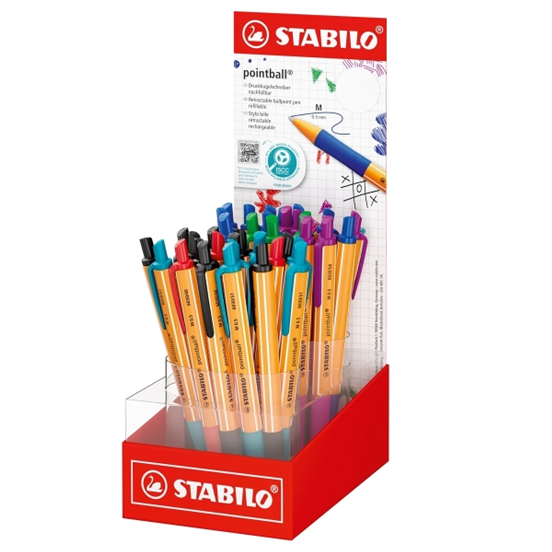 Stabilo Pointball Expositor con 38 Boligrafos Retractiles - Punta de 1mm - Tinta con Base de Aceite - Recargable - 87% Plastico Reciclado - Grip Antid 1