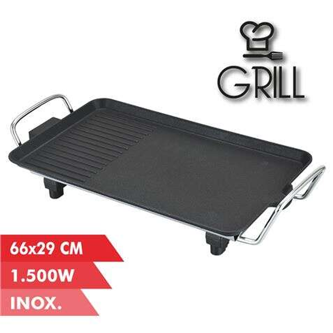 Muvip Plancha de Asar Electrica 1500W - 2 Zonas Lisa y Grill - Placa Antiadherente - Asas Tacto Frio - Termostato Extraible - Superficie 66x29cm 1