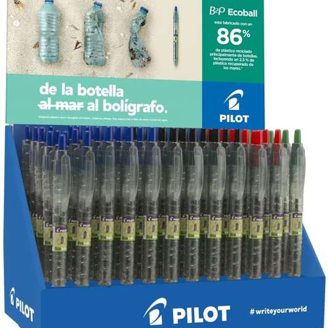 Pilot Expositor 60 Boligrafos de Bola Retractiles B2P Ecoball BeGreen + 10 B2P Gel BeGreen - 86,64% de Plastico Reciclado - Recargable - Colores surti 1