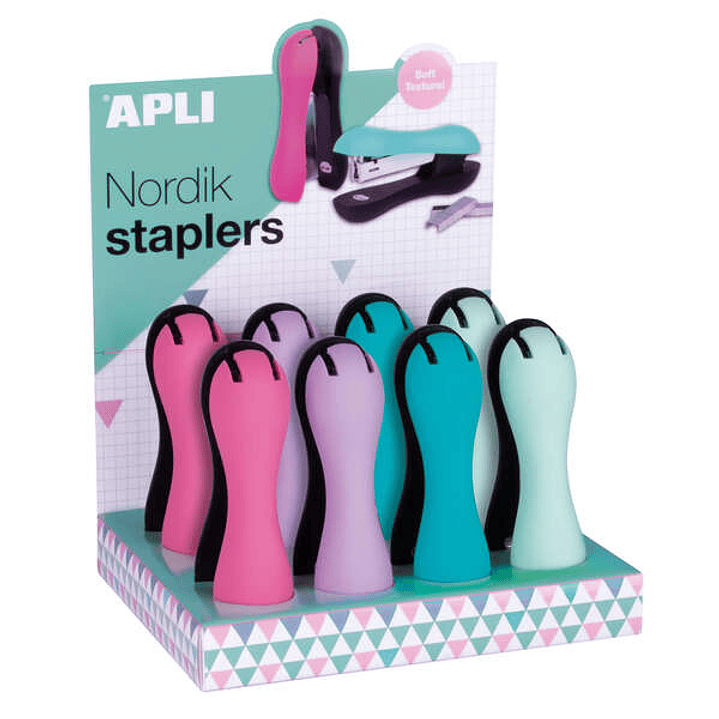 Apli Nordik Collection Expositor con 8 Grapadoras Ergonomicas Soft - Grapas Nº22/6-24/6 - Capacidad de Grapado 40 Hojas - Horizontal/Vertical - Colore 1