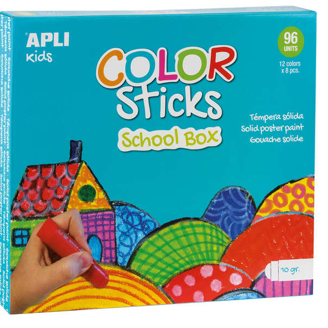 Apli Color Sticks Temperas Solidas - Caja de 96 Unidades de 10g - Colores Surtidos Ideales para Escuelas y Colectivos - Acabado Satinado y Secado Rapi 1