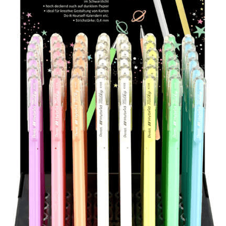 Pentel Hybrid Milky Expositor de 48 Boligrafos de Bola - Punta Fina 0.8mm - Trazo 0.4mm - Tinta de Gel Opaca - Colores Surtidos 1