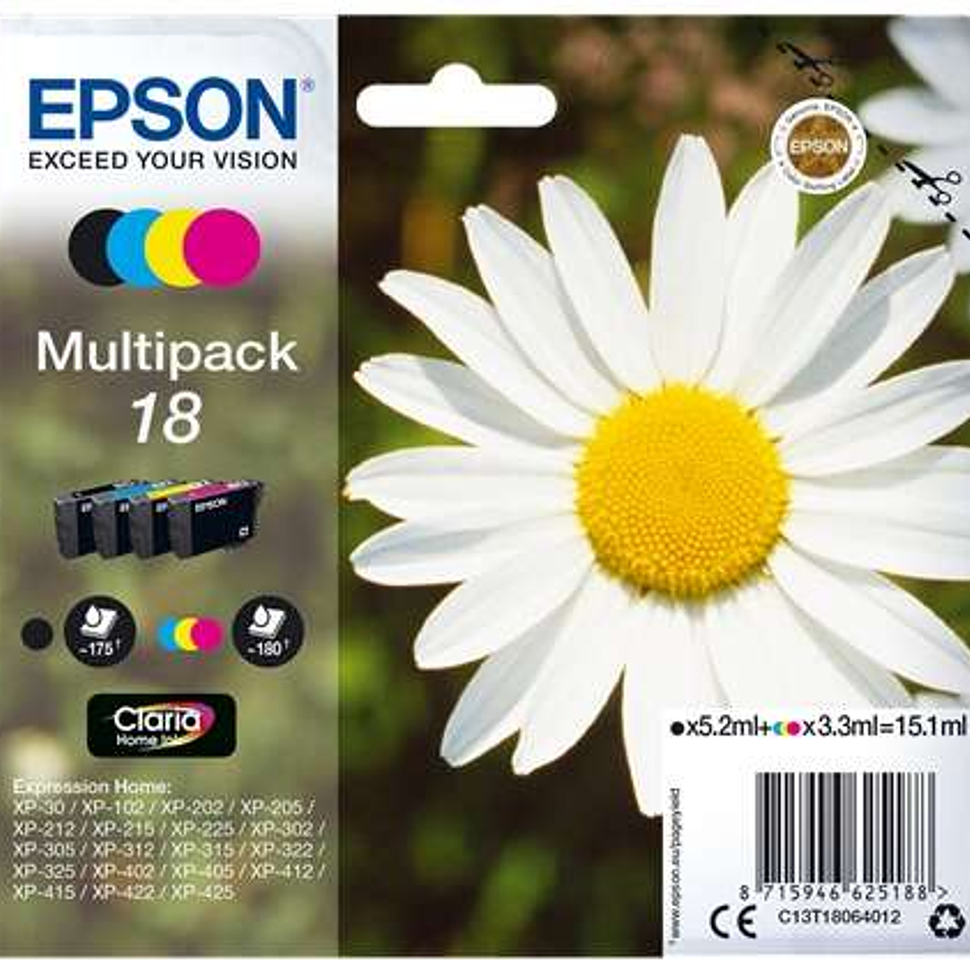 Epson T1806 (18) Pack de 4 Cartuchos de Tinta Originales - C13T18064012 1