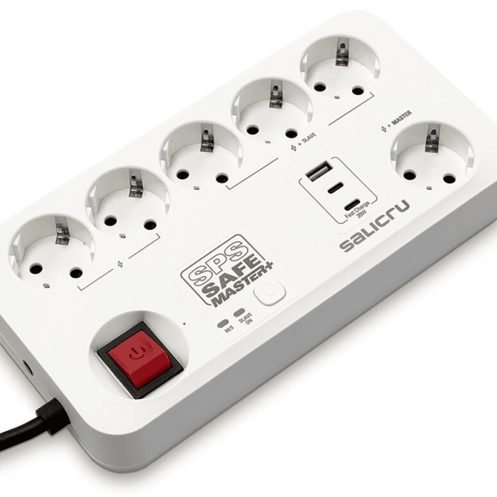 Salicru Regleta SPS SAFE MASTER+ Protectores Electricos Activos de Ultima Generacion - 6 Tomas Schuko - 1xUSB-A, 2xUSB-C - Master/Slave - Color Blanco 1