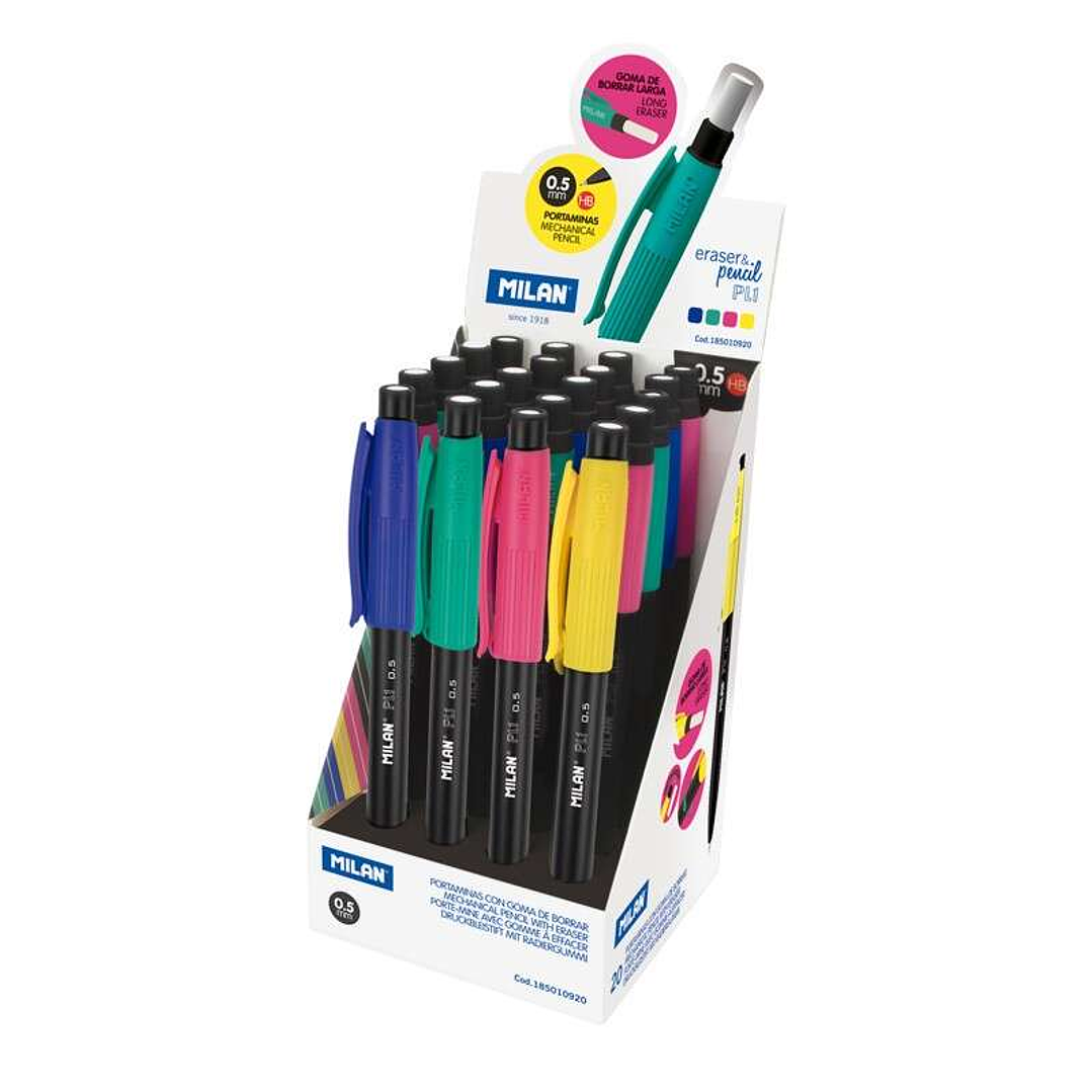 Milan PL1 Expositor de 20 Portaminas - Mina 0.5mm HB Grafito - Goma Milan Extra Larga - Colores Surtidos 1