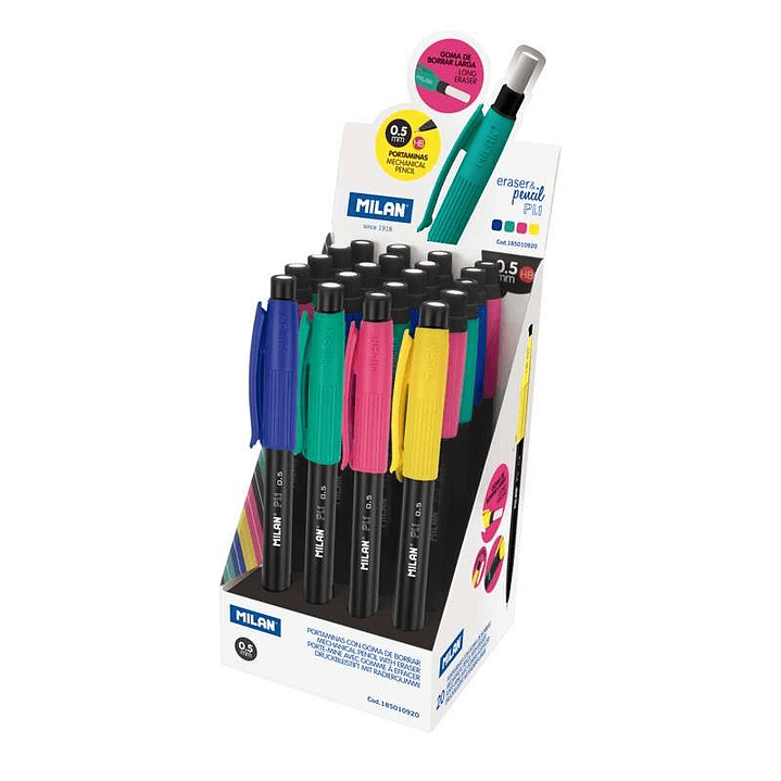 Milan PL1 Expositor de 20 Portaminas - Mina 0.5mm HB Grafito - Goma Milan Extra Larga - Colores Surtidos 1
