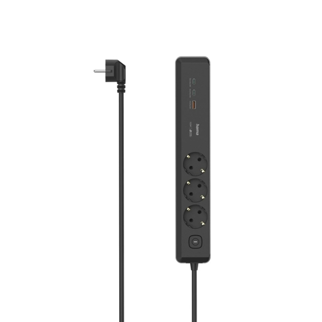 Hama Regleta Alimentacion con 6 Tomas - Cable 1.4m - 3x Schuko - 2x USB-C - 1x USB-A - Interruptor de Encendido - Enchufe Schuko en Angulo - Power Del 1