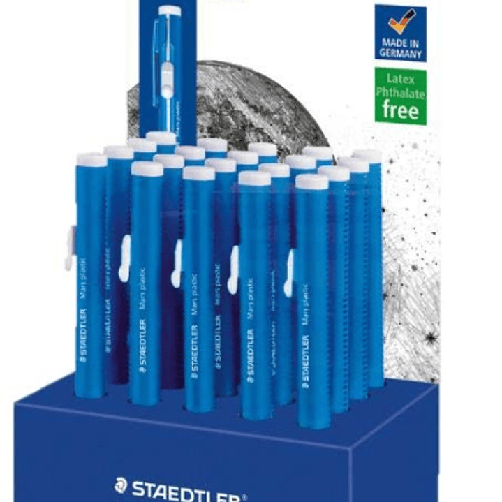Staedtler Mars Plastic 528 50 Expositor con 20 Portagomas en Forma de Lapiz - Con Cursor para Deslizar la Goma - Sin Ftalatos ni Latex 1
