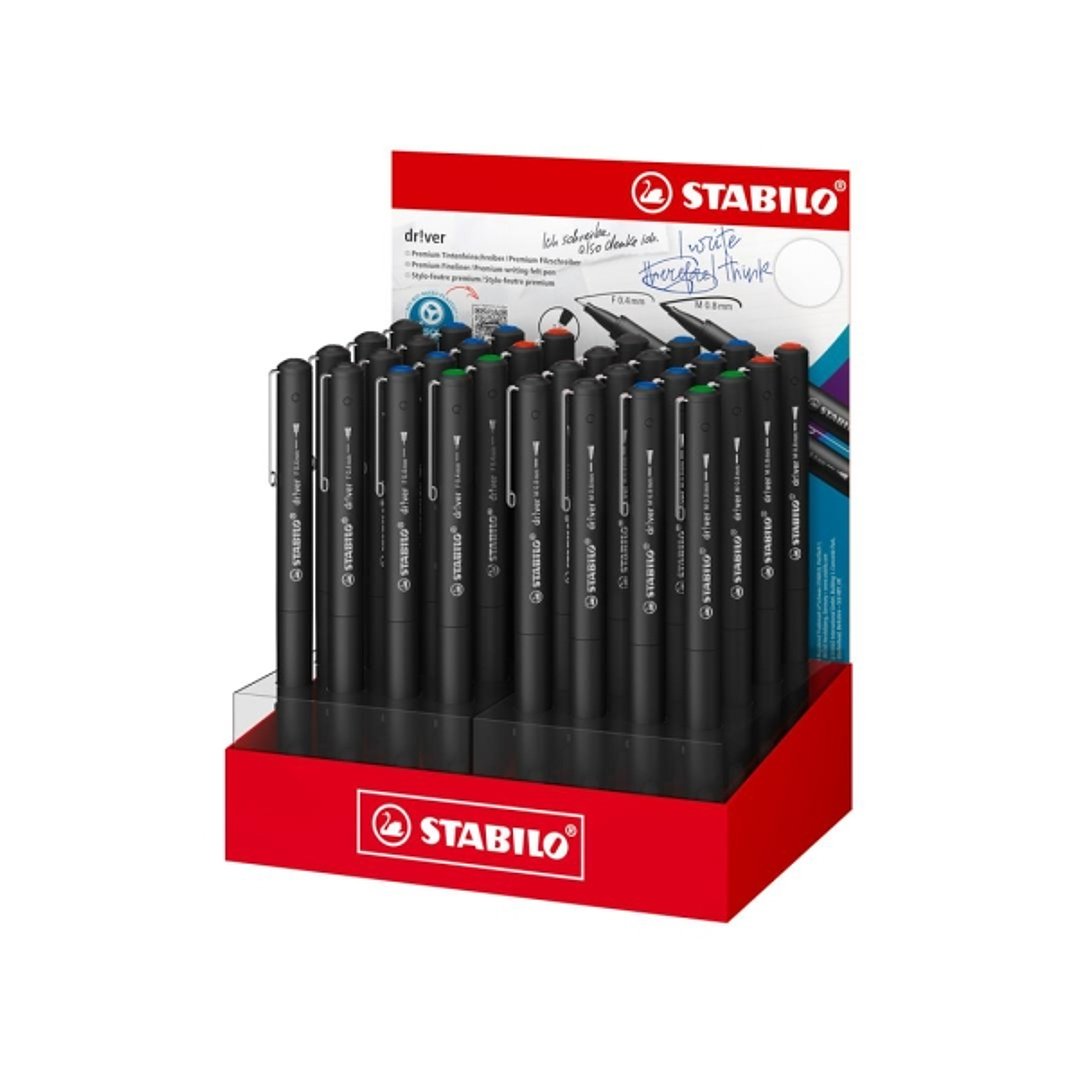 Stabilo Dr!ver Expositor con 32 Rotuladores Surtidos de Punta Media 0.8mm y Fina 0.4mm - Tinta a Prueba de Manchas, Inodora y con Base al Agua - Fabri 1