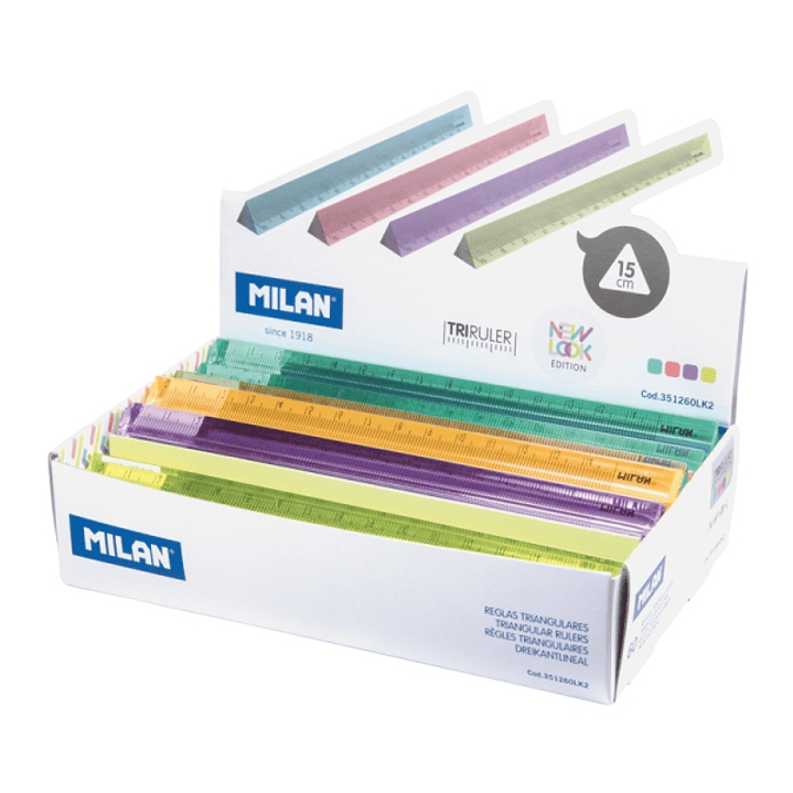 Milan New Look Expositor con 60 Reglas Triangulares de 15cm - Plastico Rigido - Transparente - Colores Surtidos 1