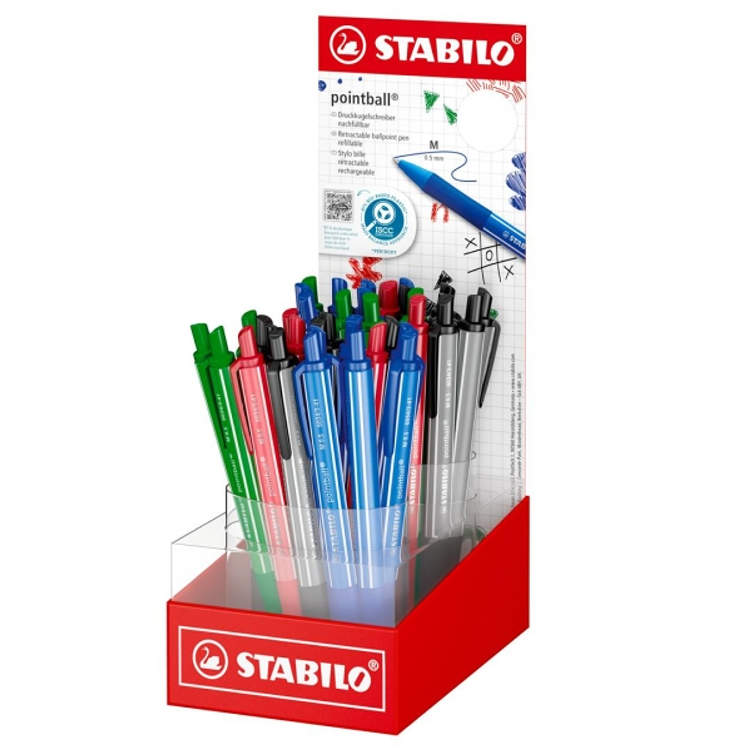 Stabilo Pointball Colorful Expositor con 38 Boligrafos Retractiles - Trazo 0.5mm - Hechos con 87% Bioplastico - Grip Antideslizante - Recargables - Co 1
