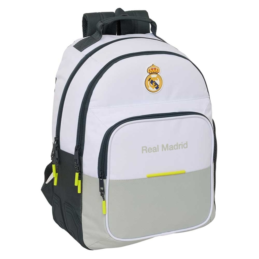 Safta Real Madrid Mochila Escolar de 20L - Adaptable a Carro - 3 Compartimentos - Portabotellas - 32x42x15cm - Color Blanco y Negro 1