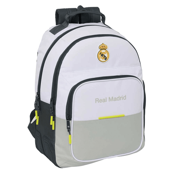 Safta Real Madrid Mochila Escolar de 20L - Adaptable a Carro - 3 Compartimentos - Portabotellas - 32x42x15cm - Color Blanco y Negro 1