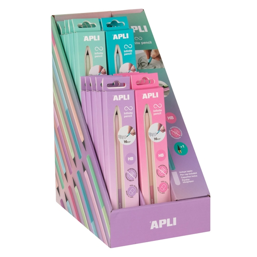 Apli Infinite Pencil Nordik Expositor con 20 Packs de Lapiz Infinito HB + Mina de Recambio + Tapon Protector - Para Escribir hasta 16km - Colores Surt 1