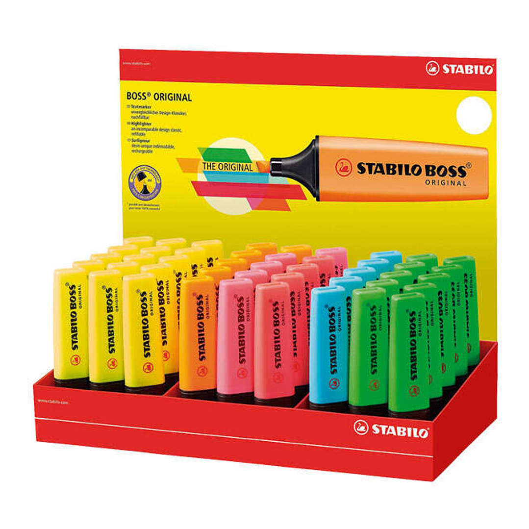 Stabilo Boss 70 Expositor de 45 Marcadores Fluorescentes - Trazo entre 2 y 5mm - Recargable - Tinta con Base de Agua - Colores Surtidos 1