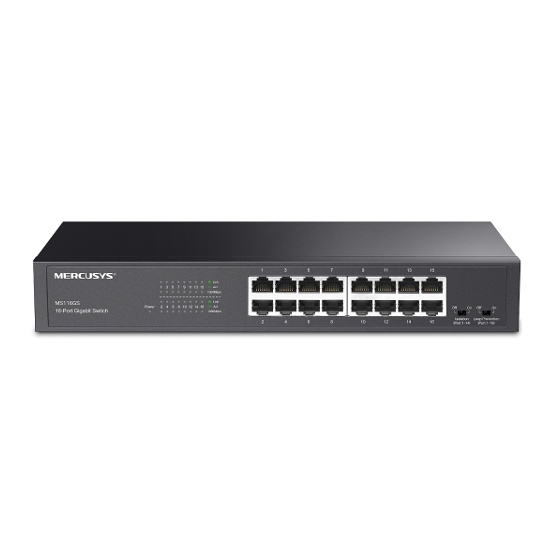 Mercusys MS116GS Switch 16 Puertos Gigabit RJ45 10/100/1000Mbps con Auto-Negociacion - Plug & Play - Montaje Escritorio o Rack - Color Negro 1