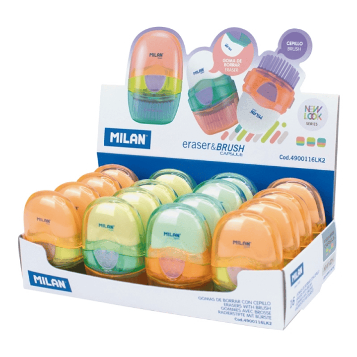 Milan Capsule New Look Expositor con 16 Gomas de Borrar con Cepillo - Colores Surtidos 1
