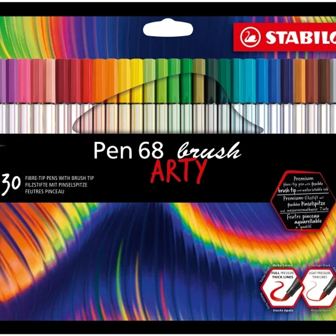 Stabilo Pen 68 Brush Arty Pack de 30 Rotuladores - Punta de Pincel - Tinta a Base de Agua - Colores Surtidos 1