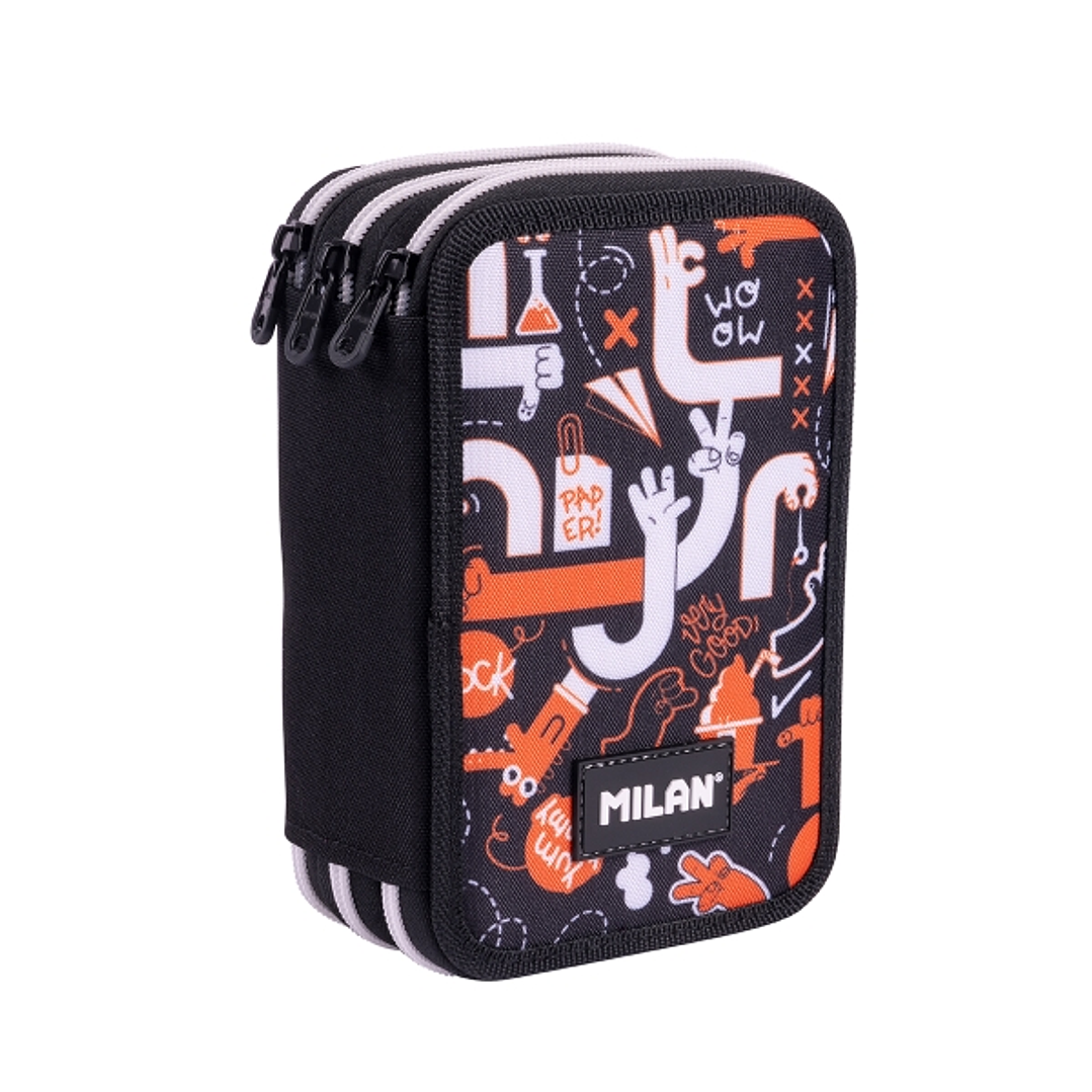 Milan Fingers Plumier de 3 Pisos con Goma de Borrar - Sacapuntas - Lapiz - 3 Boligrafos - Regla - 12 Lapices de Colores - 6 Lapices de Colores Metaliz 1