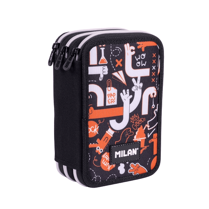 Milan Fingers Plumier de 3 Pisos con Goma de Borrar - Sacapuntas - Lapiz - 3 Boligrafos - Regla - 12 Lapices de Colores - 6 Lapices de Colores Metaliz 1