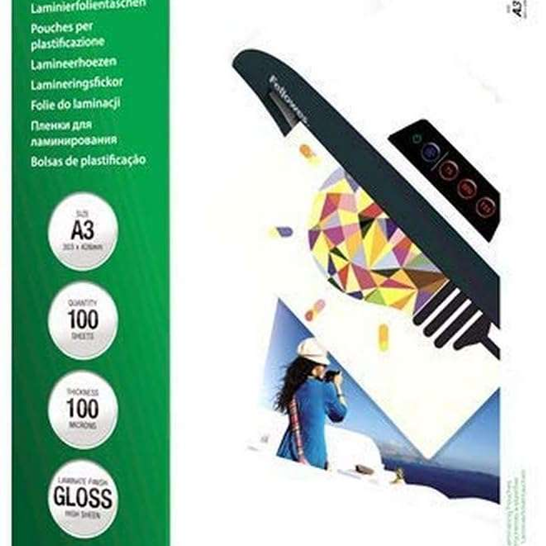 Fellowes Pack de 100 Fundas de Plastificar de 100 Micras - Tamaño A3 - Acabado en Brillo - Flechas Indicadoras 1