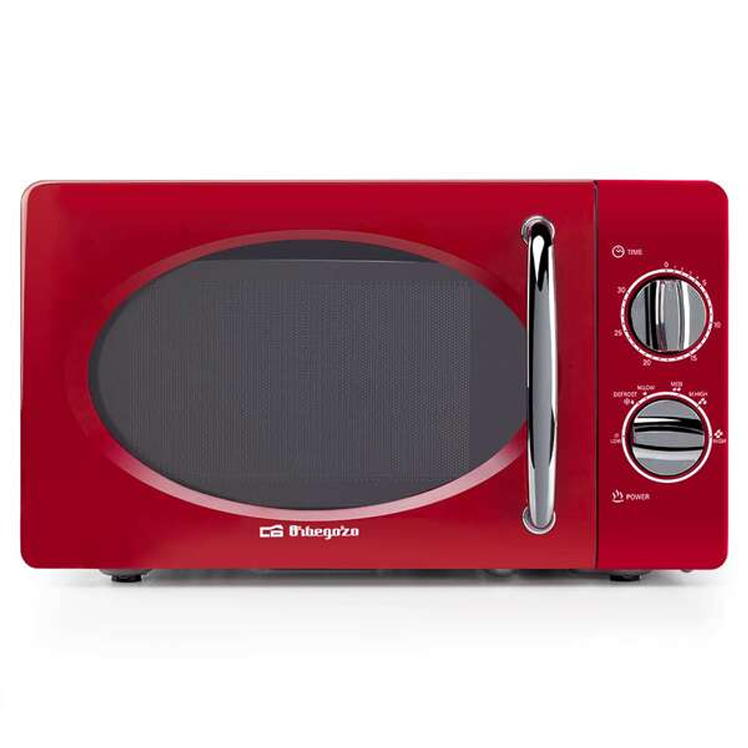 Orbegozo MI 2020 Microondas Vintage Rojo - 20L - 700W - 6 Niveles de Potencia - Temporizador 30min - Descongelacion Rapida - Diseño Años 60 1